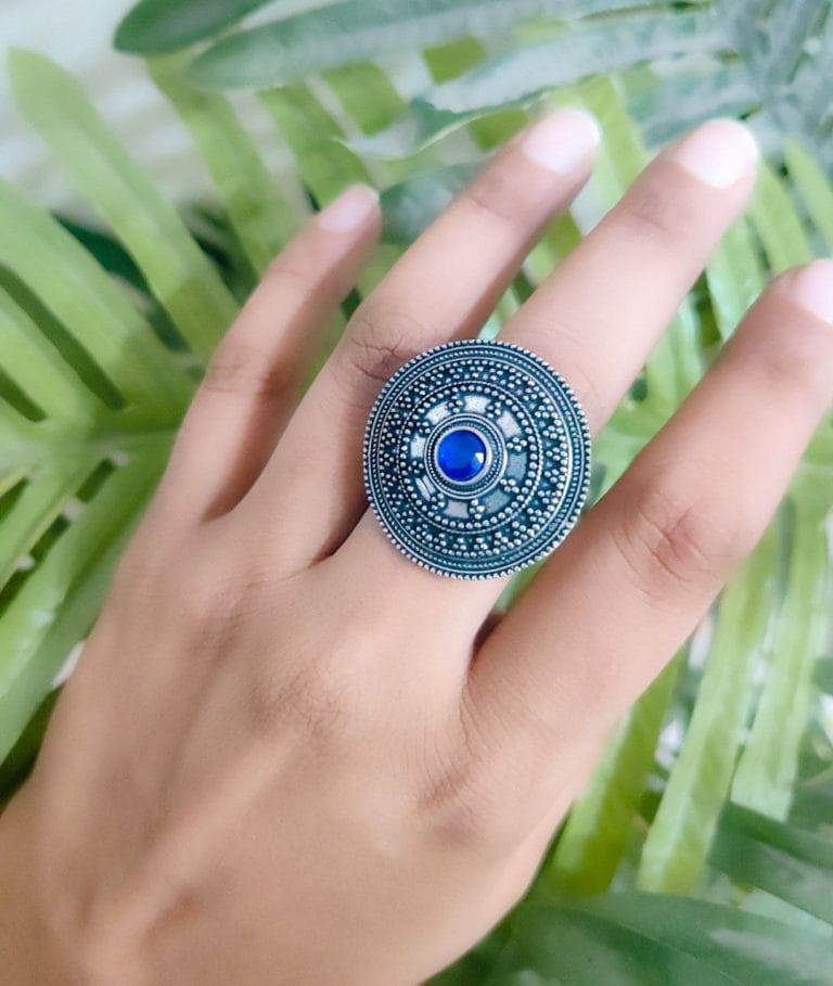 WJROS - Decent Look Oxidised Stone Work Silver Rings