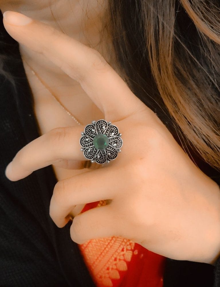 WJROS - Silver Plated Round Oxidised Silver Stone Work Rings