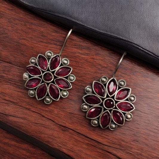 WJEOS - Ethnic Flower Hook Earrings in Silver Replica – Best Stylish Daily Wear Jewelry