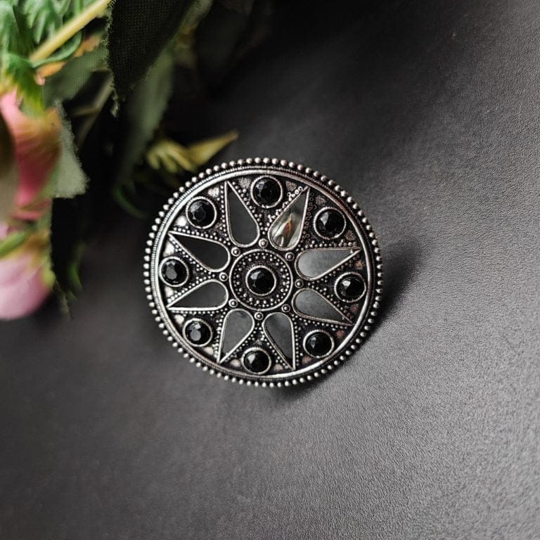WJROS - Silver Plated Round Oxidised Silver Stone Work Rings