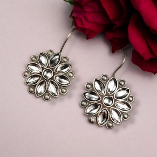 WJEOS - Ethnic Flower Hook Earrings in Silver Replica – Best Stylish Daily Wear Jewelry
