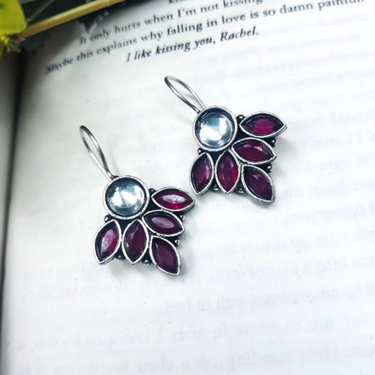 WJEOS - Oxidised Hook Earrings – Silver Replica Stone Work Earrings ( Daily Wear Earrings )