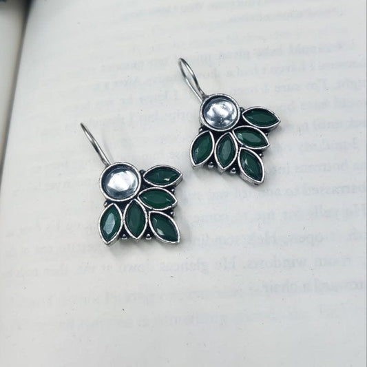 WJEOS - Oxidised Hook Earrings – Silver Replica Stone Work Earrings ( Daily Wear Earrings )