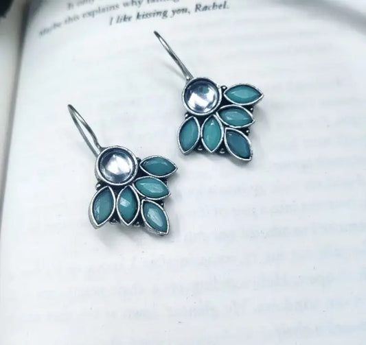 WJEOS - Oxidised Hook Earrings – Silver Replica Stone Work Earrings ( Daily Wear Earrings )