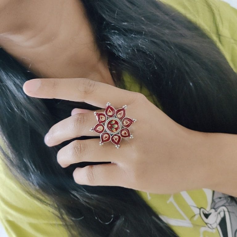 WJROS - Oxidised Handpainted Flower Finger Ring Adjustable – Unique Traditional Jewelry